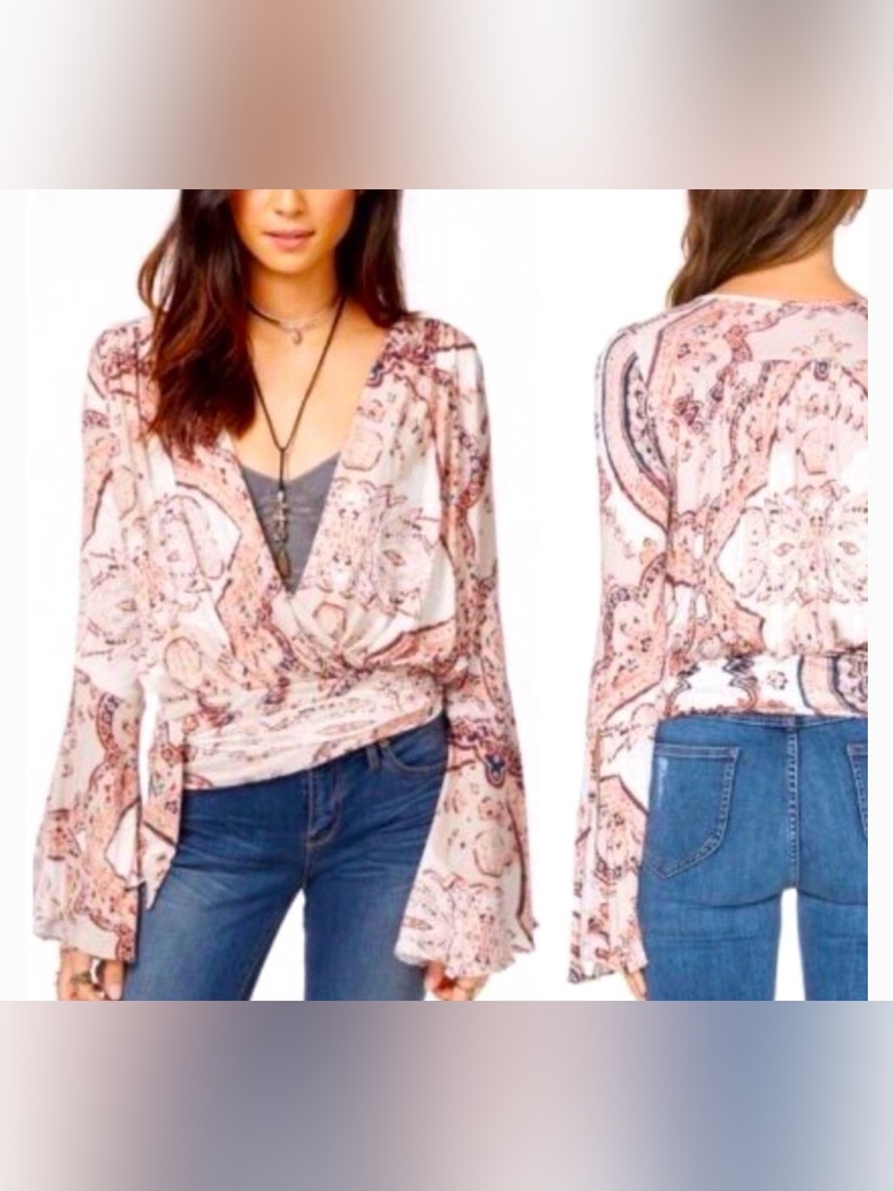 Free People Fiona Jersey Wrap Boho Chic Paisley Bell Sleeve Top Size M